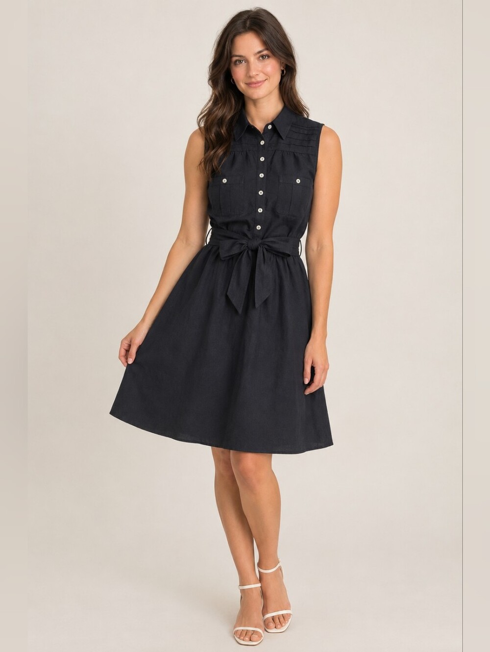 White House Black Market Women 10 Sleeveless Black Shirt Dress with Tie Waist